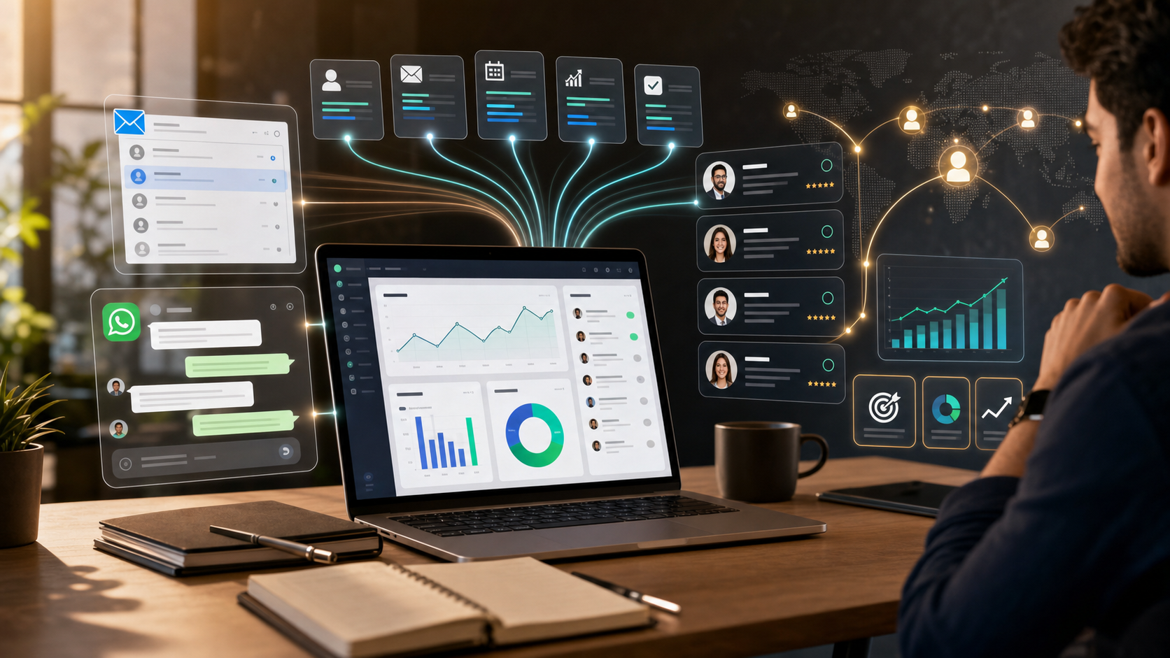 Business owner reviewing AI-powered prospecting, messaging, and revenue dashboards